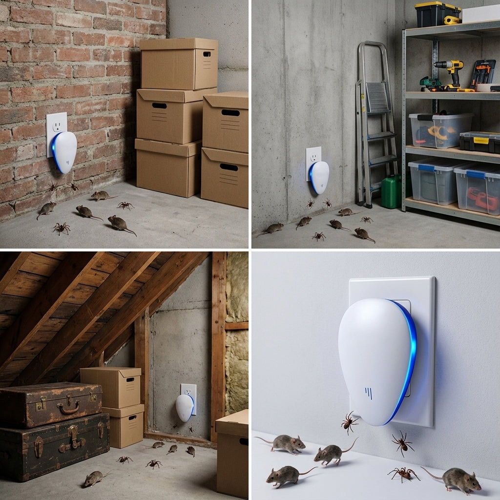 Basement, garage and attic views showing rodents avoiding it protected zones