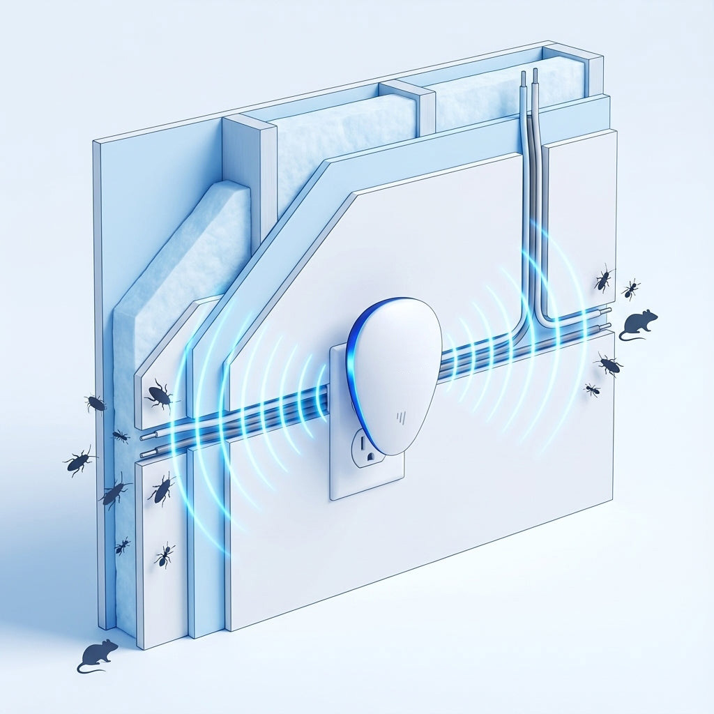 Cutaway wall diagram showing Pest repeller in outlet sending waves through wiring past pests