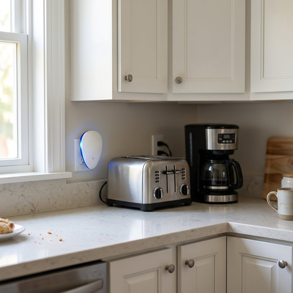 Bright kitchen with it near countertop and baseboard
