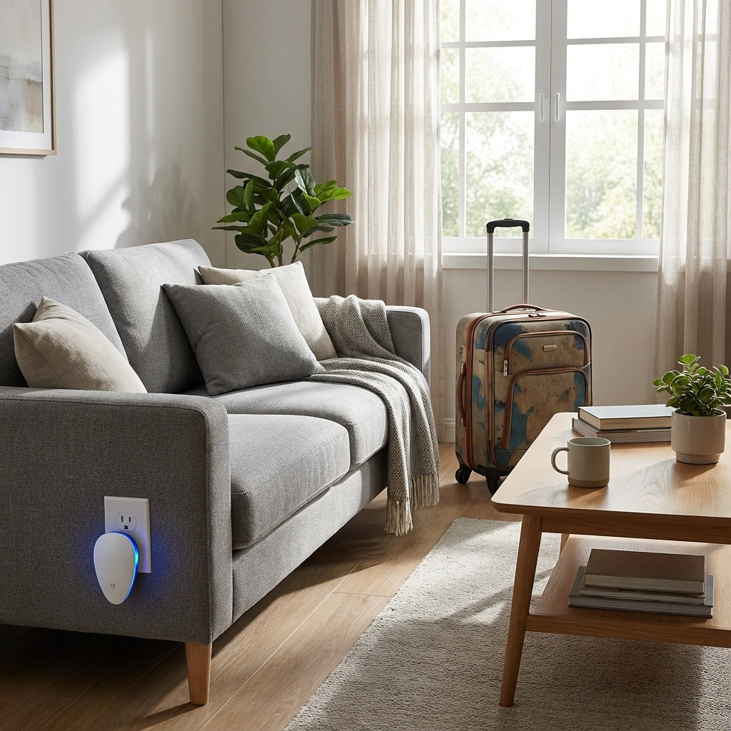 UGC style living room photo with Pest repeller near sofa in short term rental