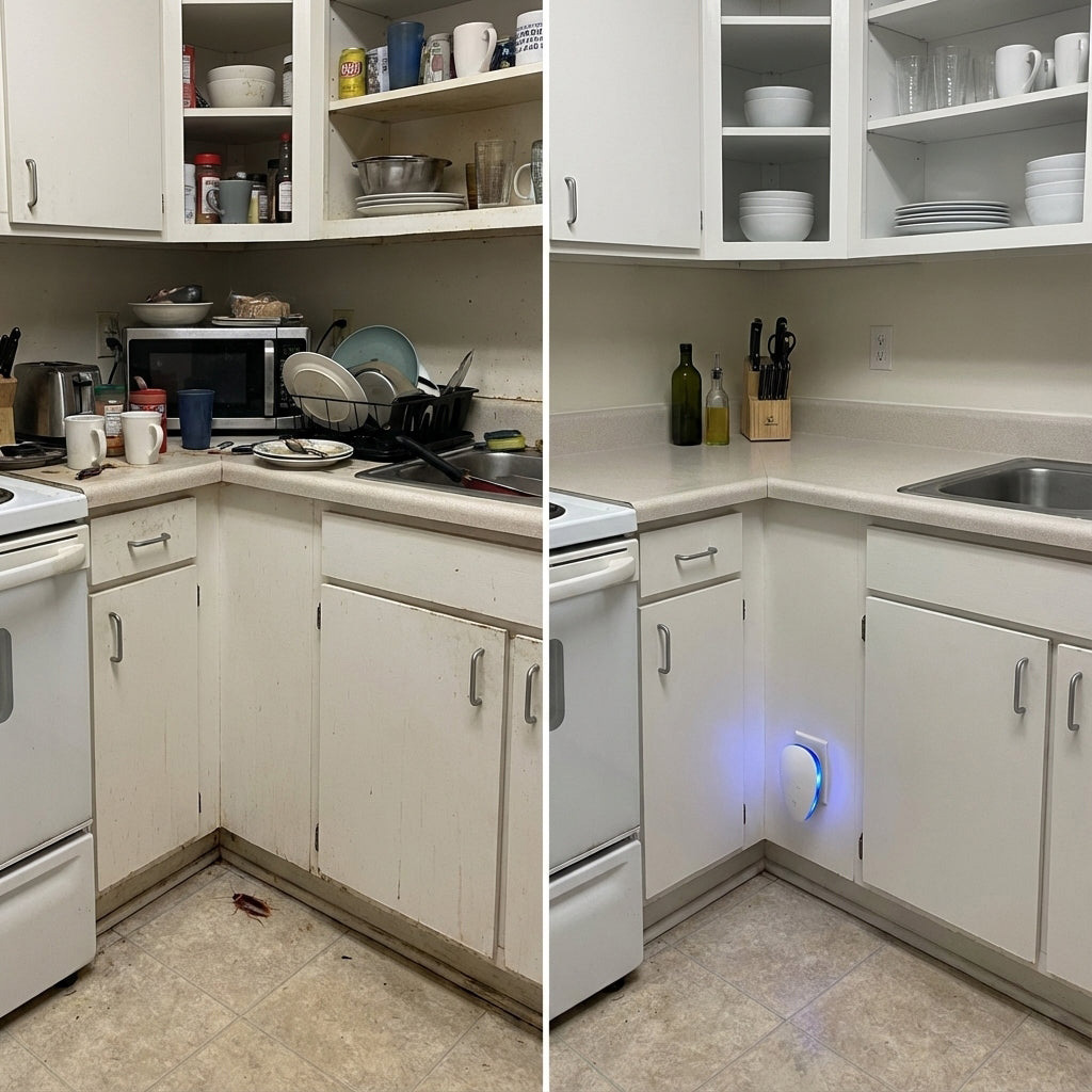 UGC style square collage of renter kitchen with Pest repellerplugged in