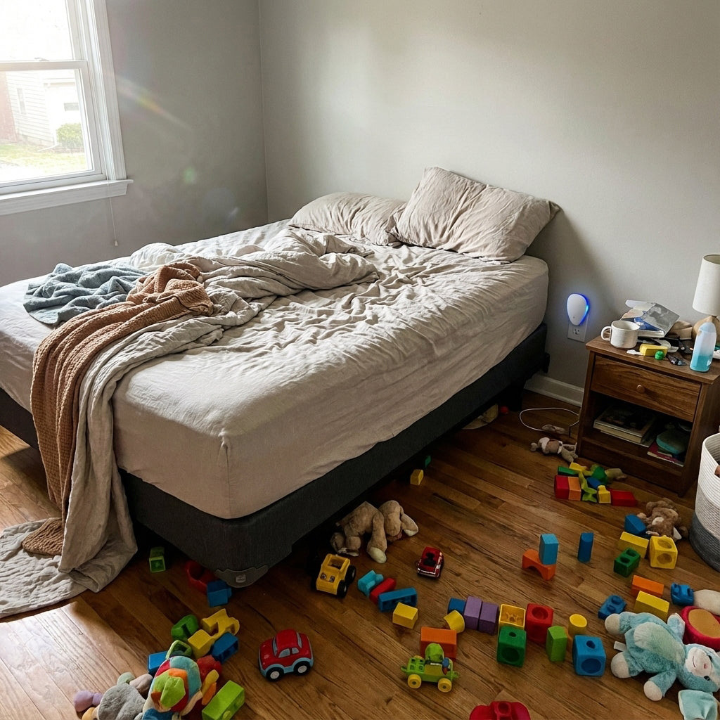 Cozy family bedroom with it plugged in near nightstand