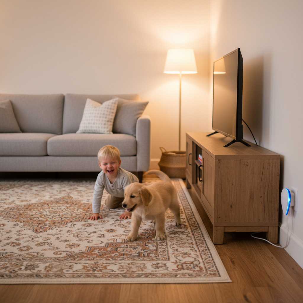 Living room with sofa and children playing on rug, it in wall outlet
