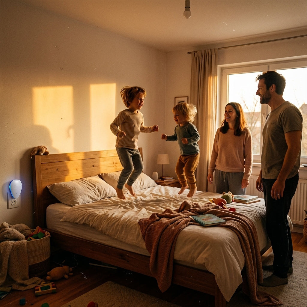 Family bedroom with Pest repeller outlet and kids jumping on bed