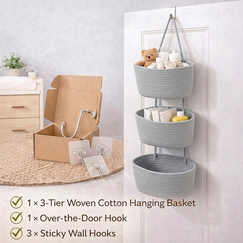 🧺Woven Cotton 3-tier Over The Door Basket, Wall-mounted Jute Storage Organizer🔥