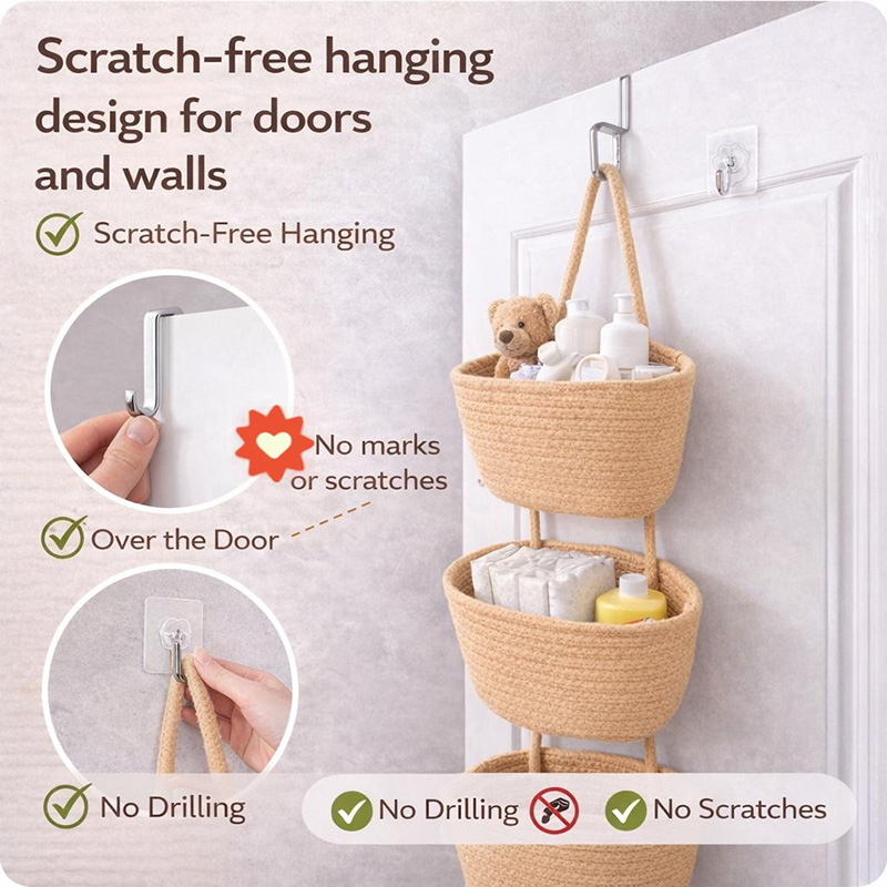 🧺Woven Cotton 3-tier Over The Door Basket, Wall-mounted Jute Storage Organizer🔥
