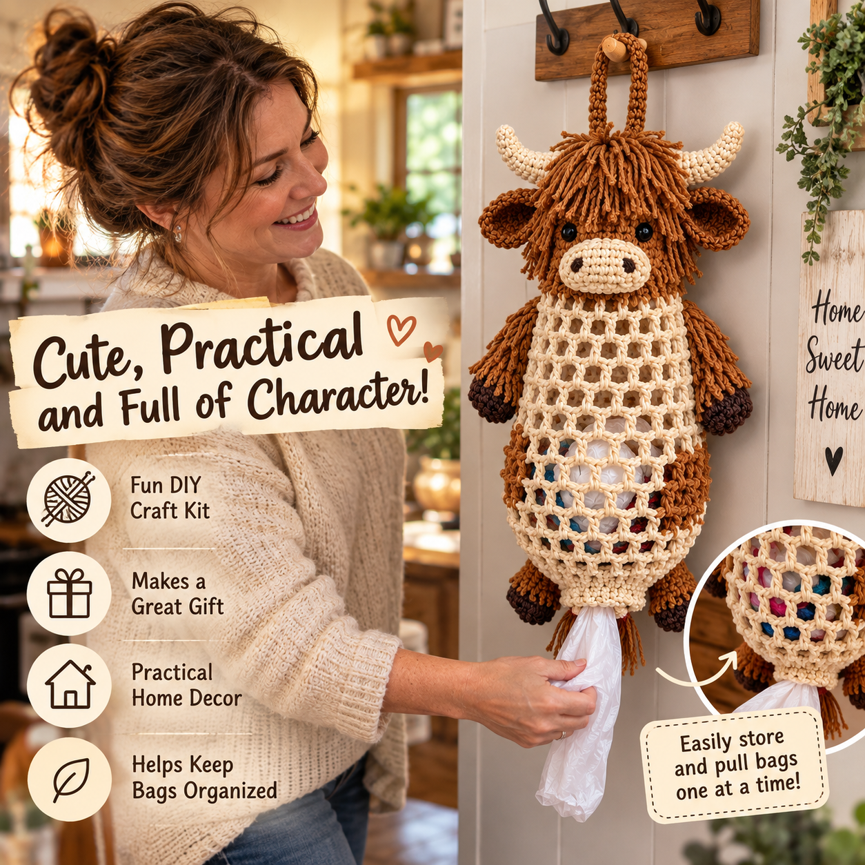 🔥Crochet Animal Bag Holder DIY Kit – Cute & Functional Hanging Storage Craft Kit🎁