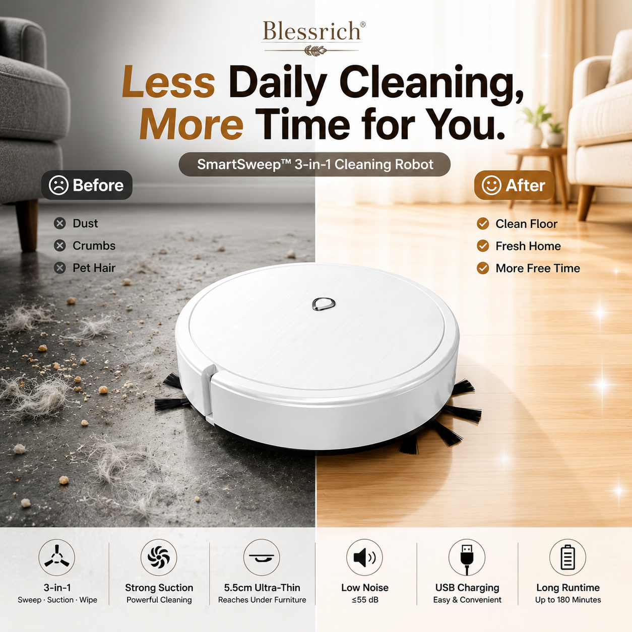 🔥 LAST DAY: 50% OFF 3-in-1 Robot Vacuum Cleaner