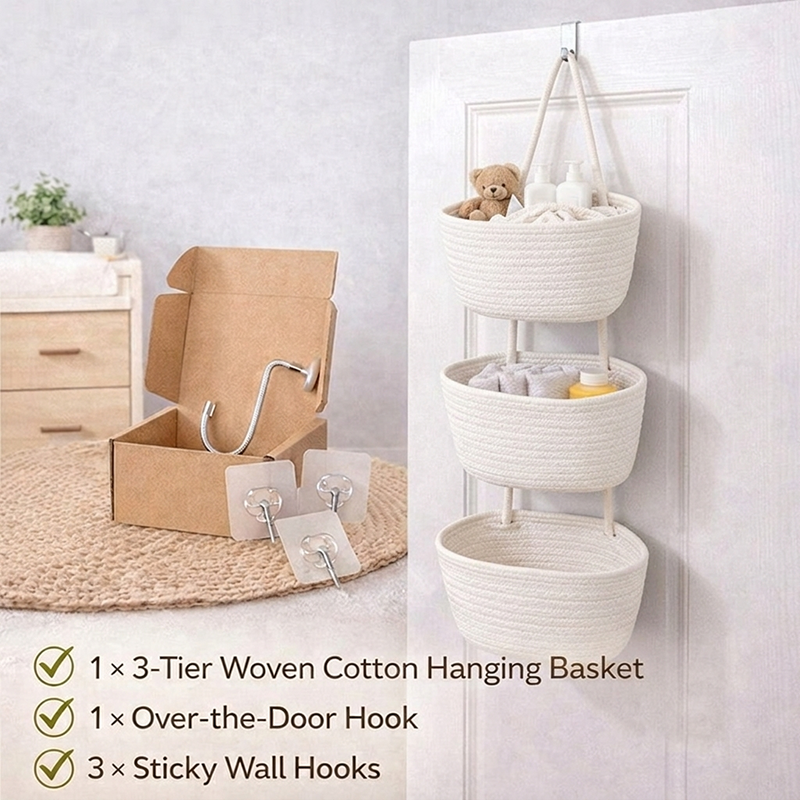 🧺Woven Cotton 3-tier Over The Door Basket, Wall-mounted Jute Storage Organizer🔥