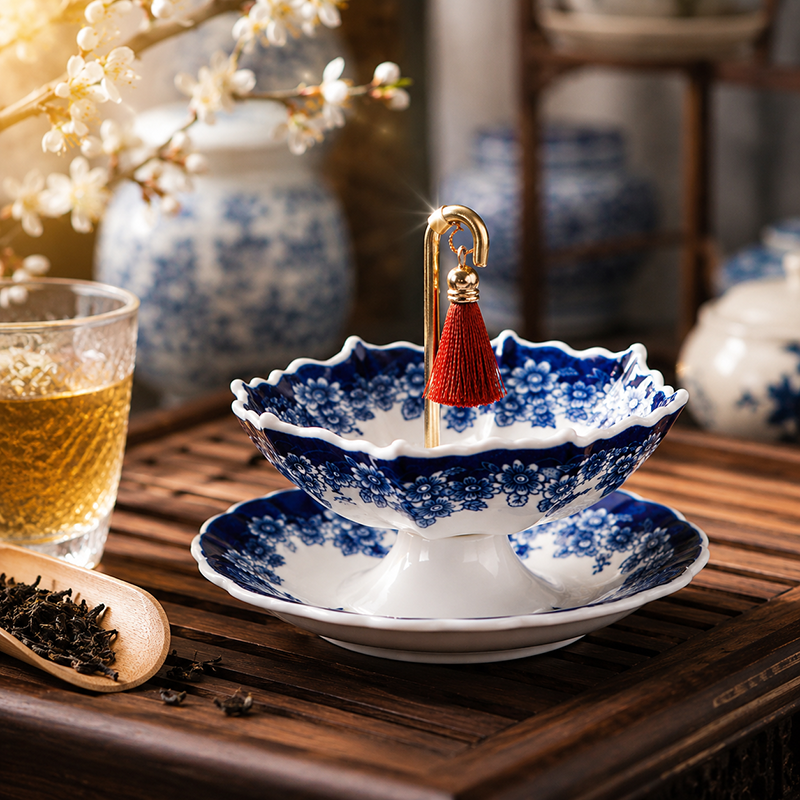 Umbrella Shape Ceramic Tea Strainer - Chinese Blue & White Porcelain Loose Leaf Filter with Rotating Design