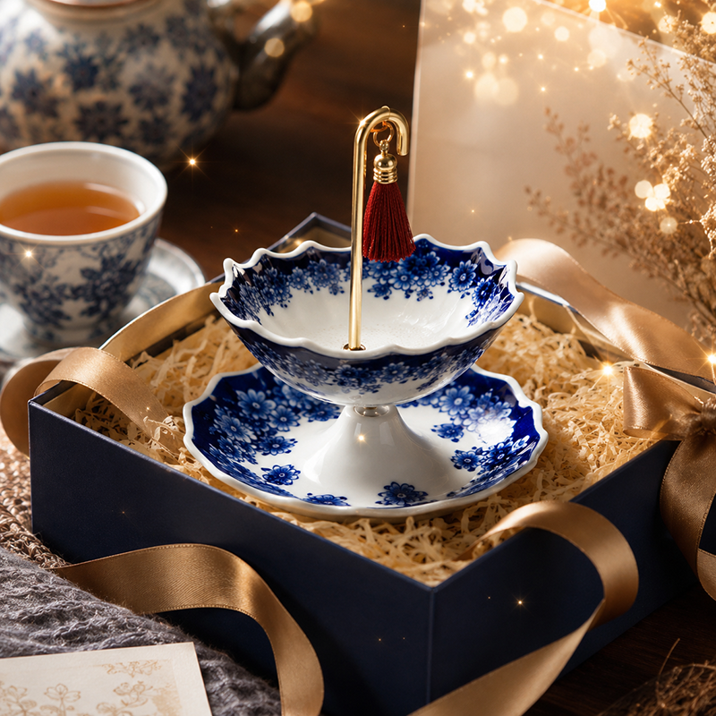 Umbrella Shape Ceramic Tea Strainer - Chinese Blue & White Porcelain Loose Leaf Filter with Rotating Design