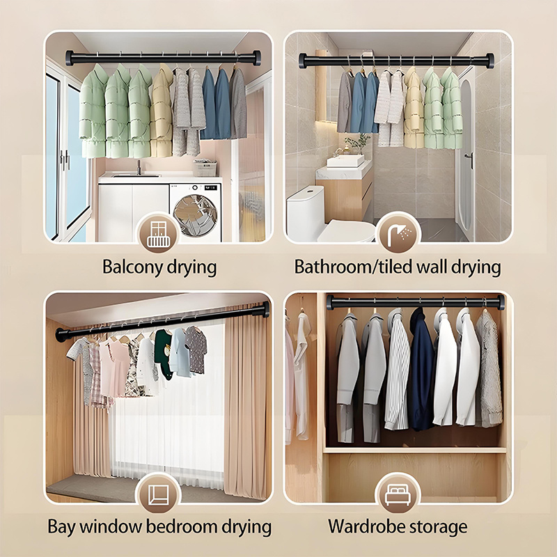 Adjustable No-drill Clothes Rail & Curtain Rod - Spring Tension Wardrobe Pipe