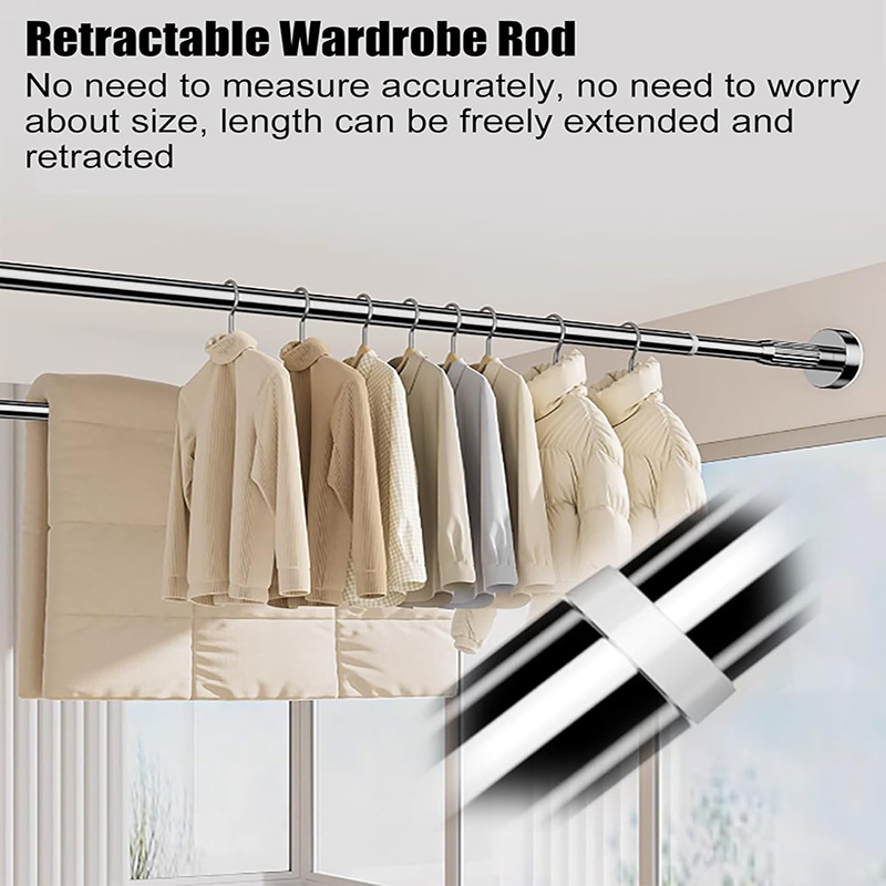 Adjustable No-drill Clothes Rail & Curtain Rod - Spring Tension Wardrobe Pipe