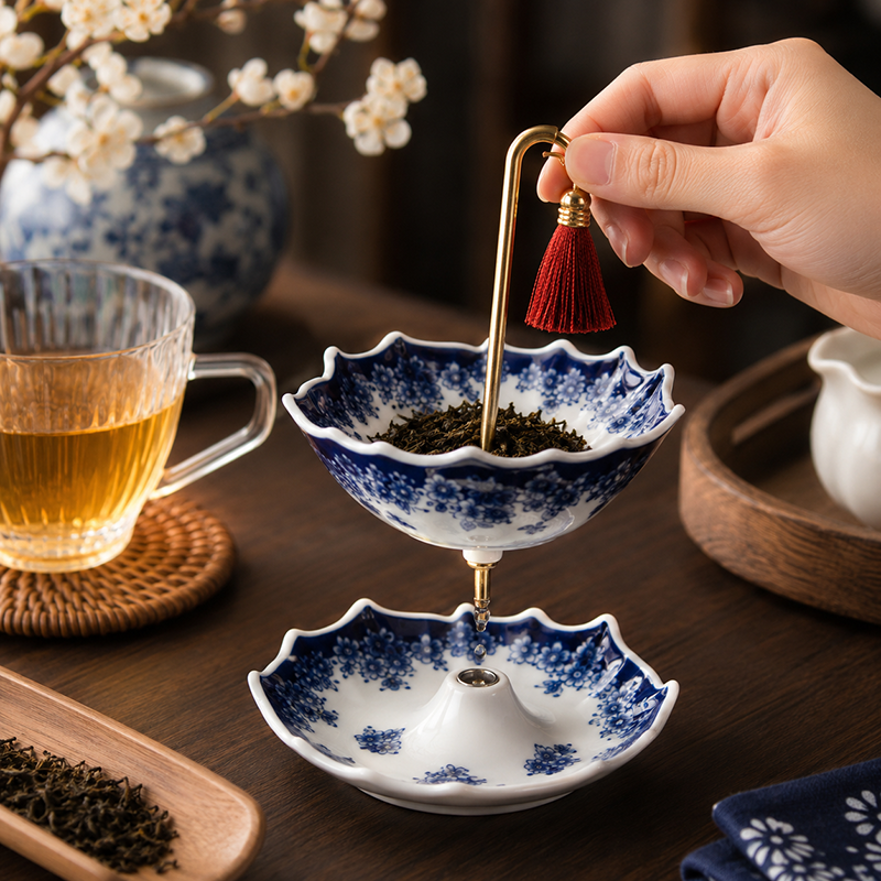 Umbrella Shape Ceramic Tea Strainer - Chinese Blue & White Porcelain Loose Leaf Filter with Rotating Design