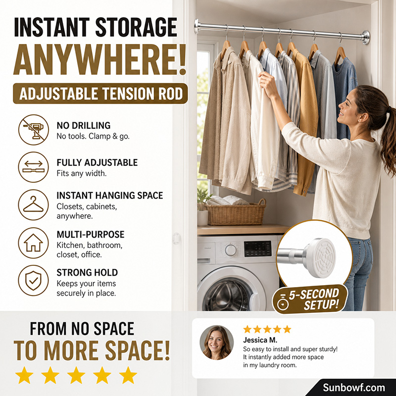 ✨ Install In Seconds Without Drilling—Adjustable Tension Rod for Smarter Storage at Home 🏠