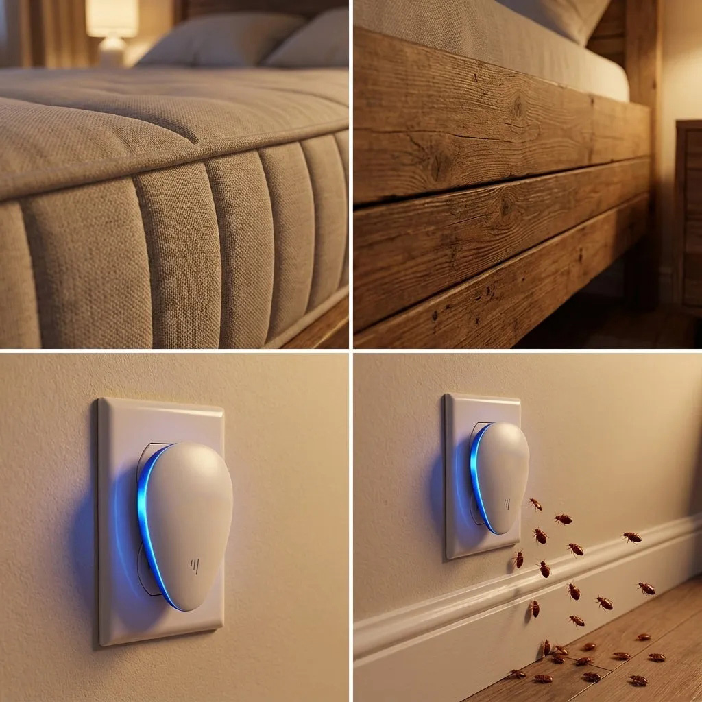 Collage of mattress seam, bed frame and outlet where bed bugs hide, with it plugged in