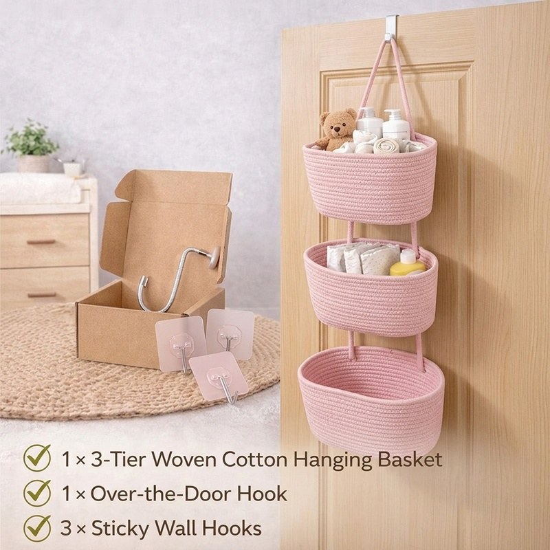 🧺Woven Cotton 3-tier Over The Door Basket, Wall-mounted Jute Storage Organizer🔥