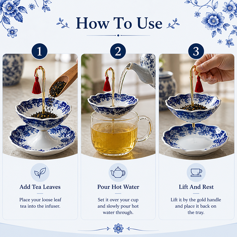 Umbrella Shape Ceramic Tea Strainer - Chinese Blue & White Porcelain Loose Leaf Filter with Rotating Design