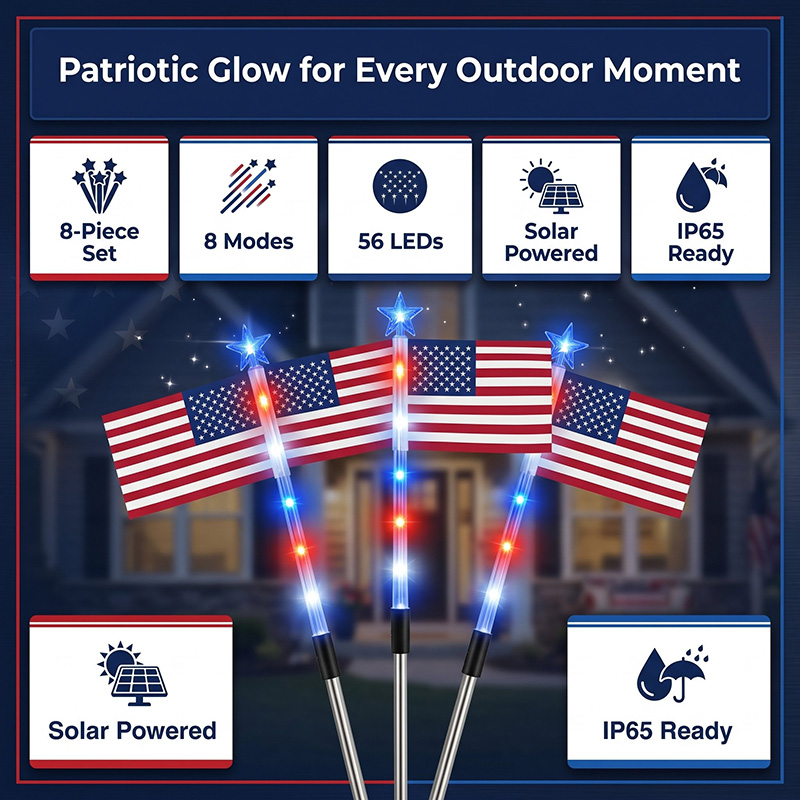 8 Solar American Flag Pathway Lights