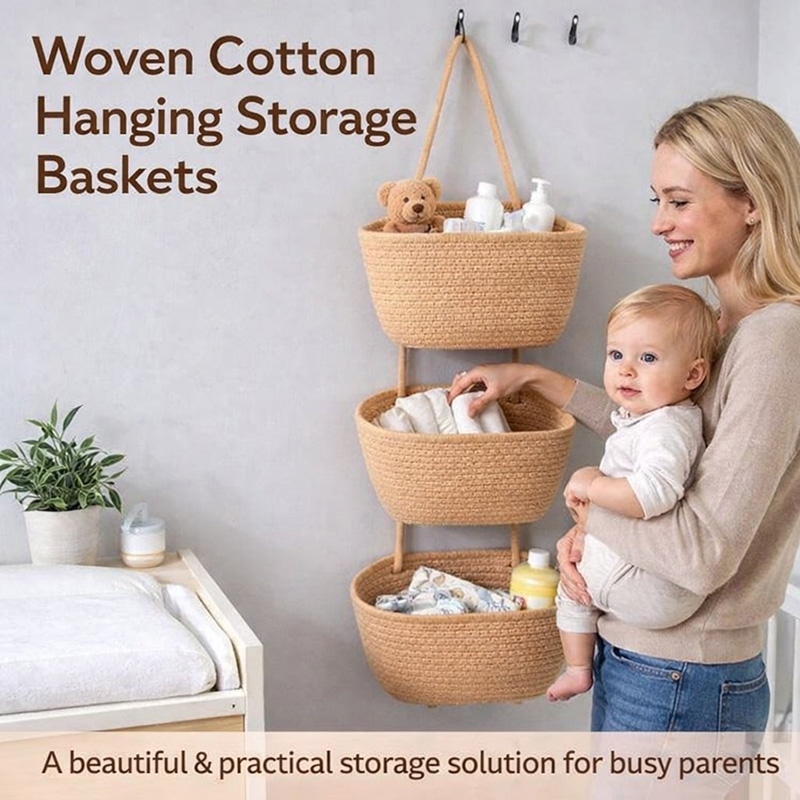 🧺Woven Cotton 3-tier Over The Door Basket, Wall-mounted Jute Storage Organizer🔥