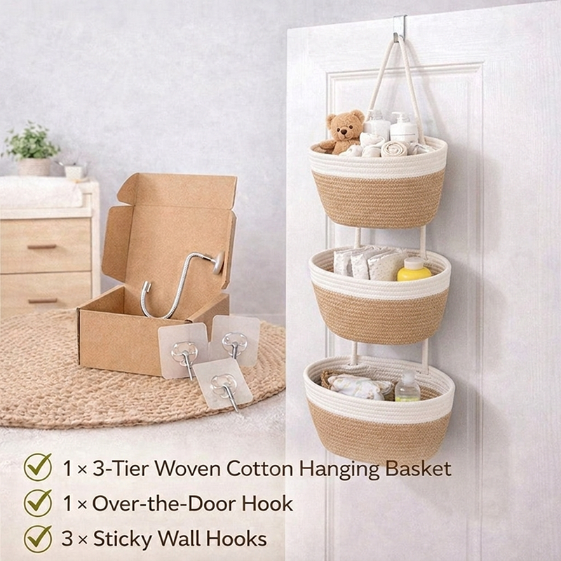 🧺Woven Cotton 3-tier Over The Door Basket, Wall-mounted Jute Storage Organizer🔥