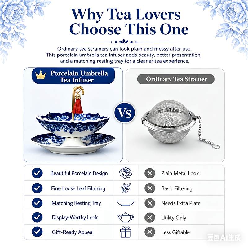 Umbrella Shape Ceramic Tea Strainer - Chinese Blue & White Porcelain Loose Leaf Filter with Rotating Design