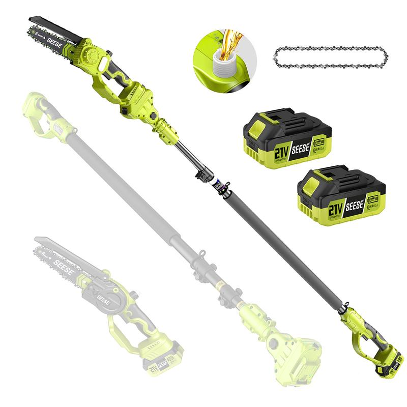 Motosierra mini 2 en 1 con 2 baterías de 21 V, podadora eléctrica sin escobillas de 8 pulgadas, sierra de poda telescópica, altura de trabajo de hasta 4,5 metros, cabezal inclinable 180°, correa para el hombro.