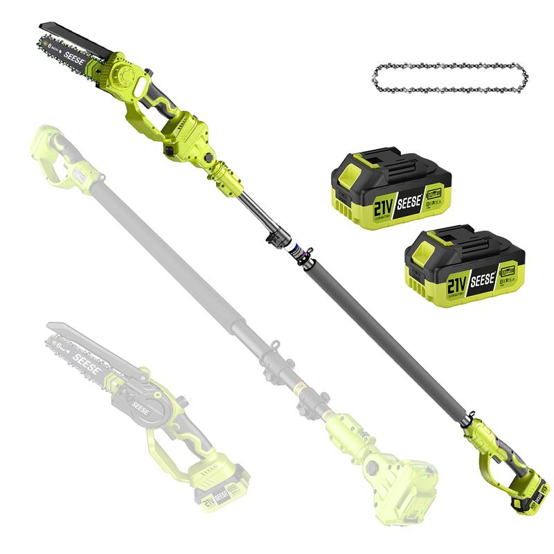 Motosierra mini 2 en 1 con 2 baterías de 21 V, podadora eléctrica sin escobillas de 8 pulgadas, sierra de poda telescópica, altura de trabajo de hasta 4,5 metros, cabezal inclinable 180°, correa para el hombro.