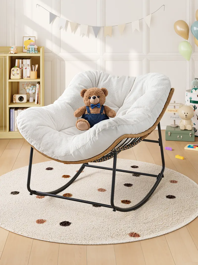 【Tela de doble cara y un toque de luz】Mecedoras extragrandes ONBRILL para interior y exterior, cómodas mecedoras Papasan con cojín acolchado, sillón de mimbre de ratán, modernas sillas de lectura para balcón, jardín, sala de estar, regalo de Navidad.