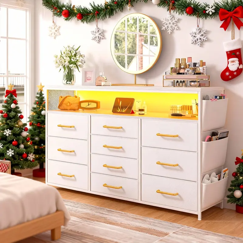 【Ayuda en línea 24 horas】Cómoda LED de 10 cajones con bolsillos laterales y ganchos, mueble de almacenamiento moderno con cubierta de madera, cajones de tela con estructura de metal, organizador compacto para apartamentos pequeños, dormitorios, dormitorio