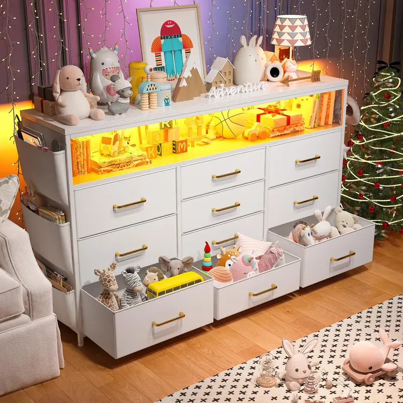 【Ayuda en línea 24 horas】Cómoda LED de 10 cajones con bolsillos laterales y ganchos, mueble de almacenamiento moderno con cubierta de madera, cajones de tela con estructura de metal, organizador compacto para apartamentos pequeños, dormitorios, dormitorio