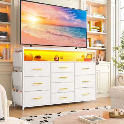 【Ayuda en línea 24 horas】Cómoda LED de 10 cajones con bolsillos laterales y ganchos, mueble de almacenamiento moderno con cubierta de madera, cajones de tela con estructura de metal, organizador compacto para apartamentos pequeños, dormitorios, dormitorio