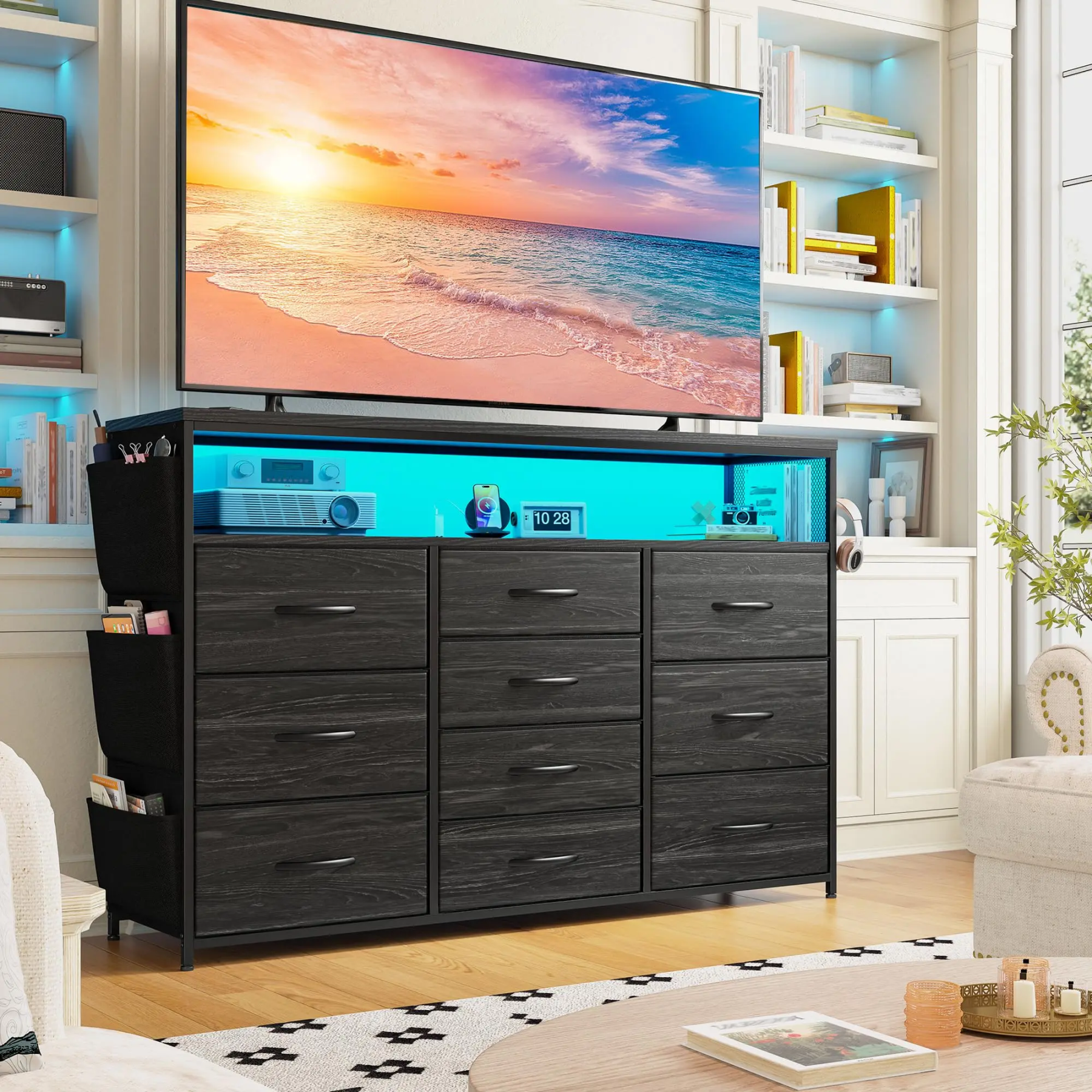 【Ayuda en línea 24 horas】Cómoda LED de 10 cajones con bolsillos laterales y ganchos, mueble de almacenamiento moderno con cubierta de madera, cajones de tela con estructura de metal, organizador compacto para apartamentos pequeños, dormitorios, dormitorio