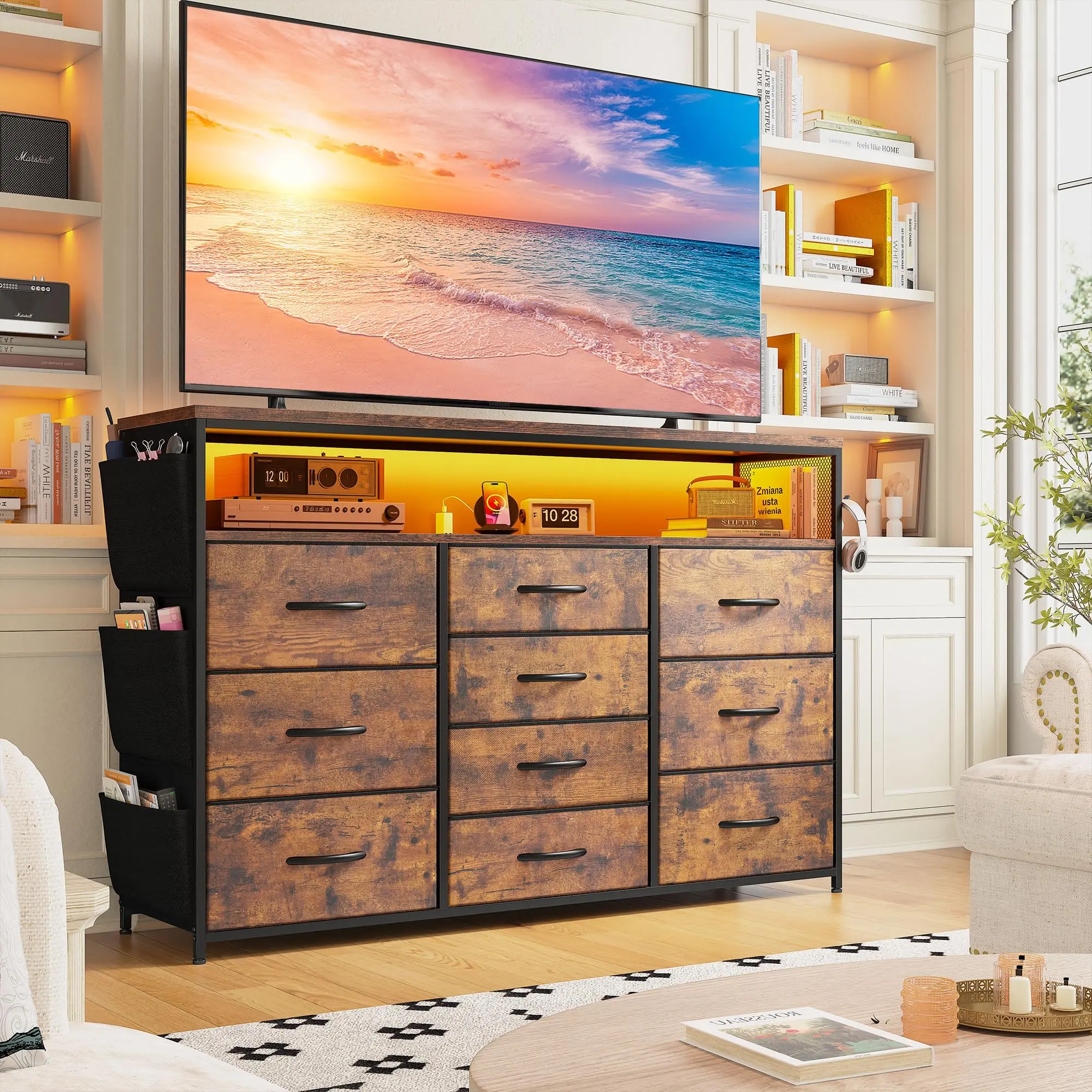 【Ayuda en línea 24 horas】Cómoda LED de 10 cajones con bolsillos laterales y ganchos, mueble de almacenamiento moderno con cubierta de madera, cajones de tela con estructura de metal, organizador compacto para apartamentos pequeños, dormitorios, dormitorio