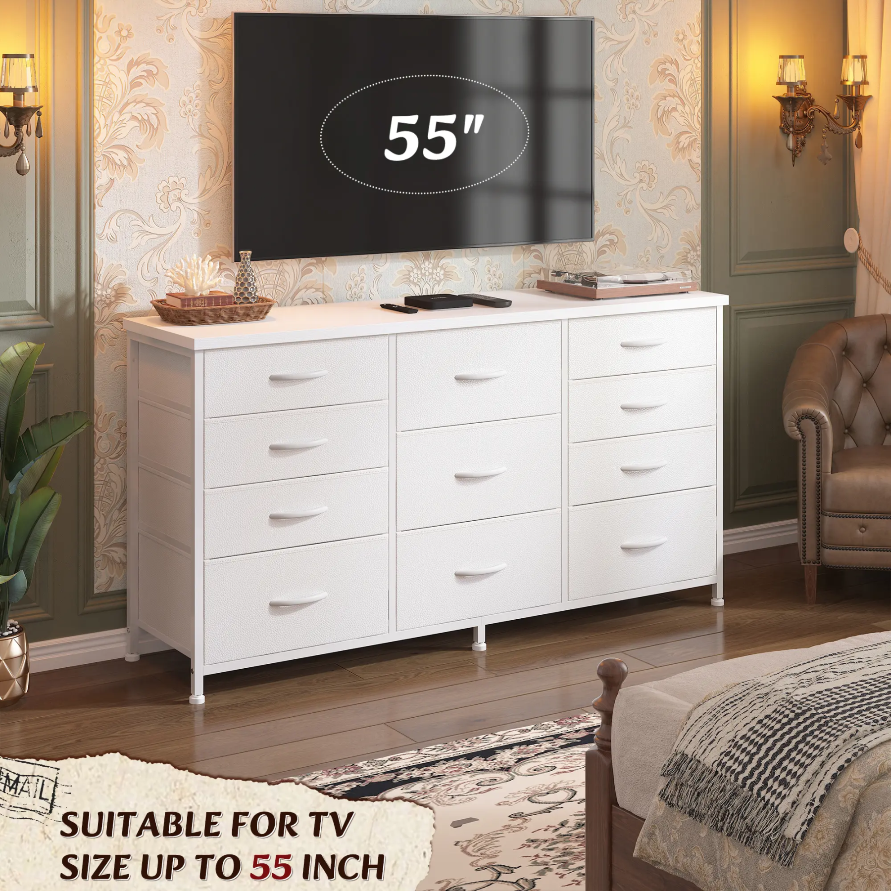 【Ayuda en línea 24 horas】Cómoda LED de 10 cajones con bolsillos laterales y ganchos, mueble de almacenamiento moderno con cubierta de madera, cajones de tela con estructura de metal, organizador compacto para apartamentos pequeños, dormitorios, dormitorio