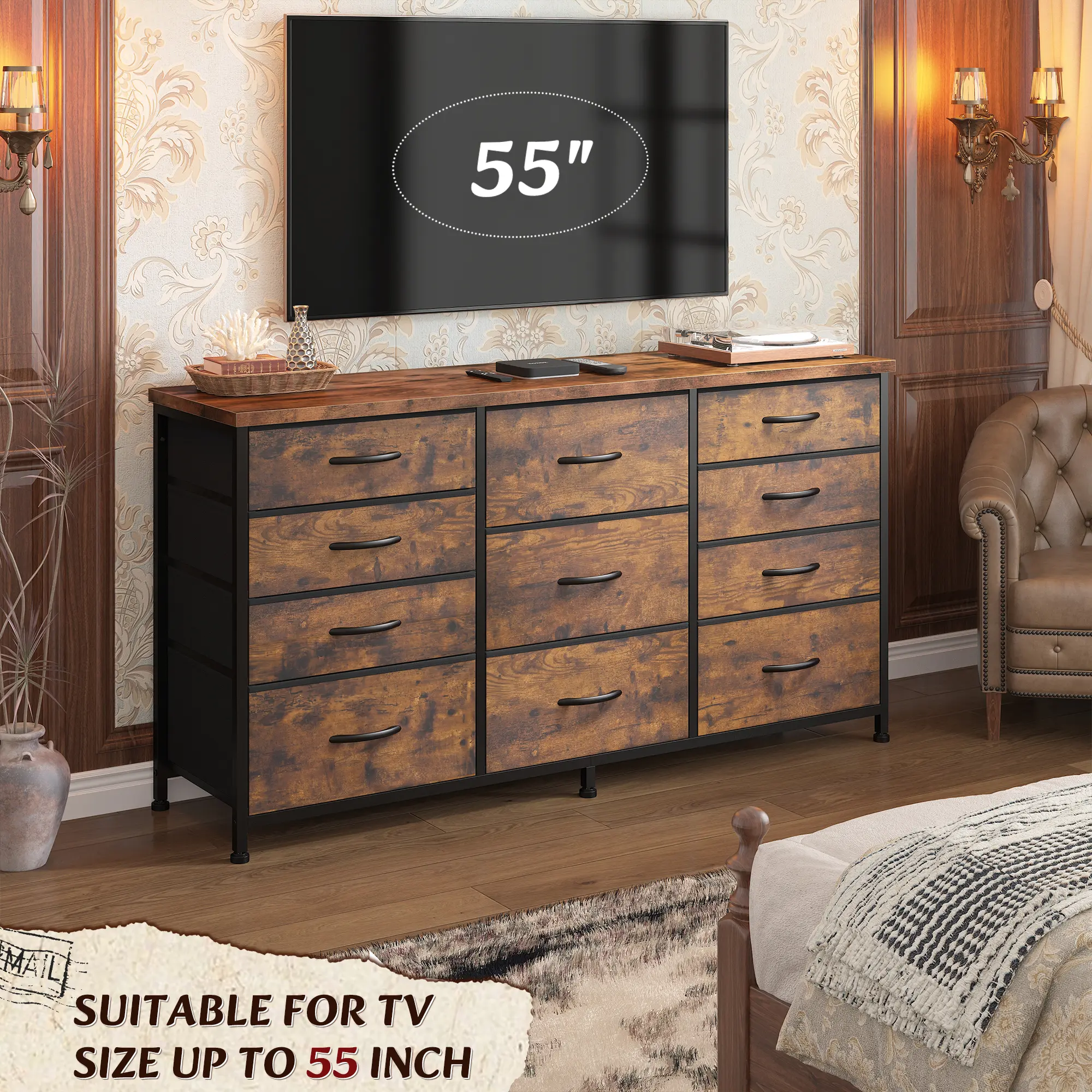 【Ayuda en línea 24 horas】Cómoda LED de 10 cajones con bolsillos laterales y ganchos, mueble de almacenamiento moderno con cubierta de madera, cajones de tela con estructura de metal, organizador compacto para apartamentos pequeños, dormitorios, dormitorio