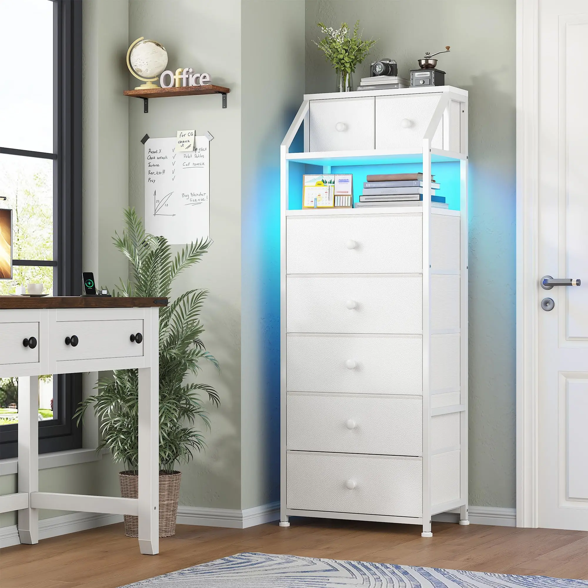 【Ayuda en línea 24 horas】Cómoda LED de 10 cajones con bolsillos laterales y ganchos, mueble de almacenamiento moderno con cubierta de madera, cajones de tela con estructura de metal, organizador compacto para apartamentos pequeños, dormitorios, dormitorio