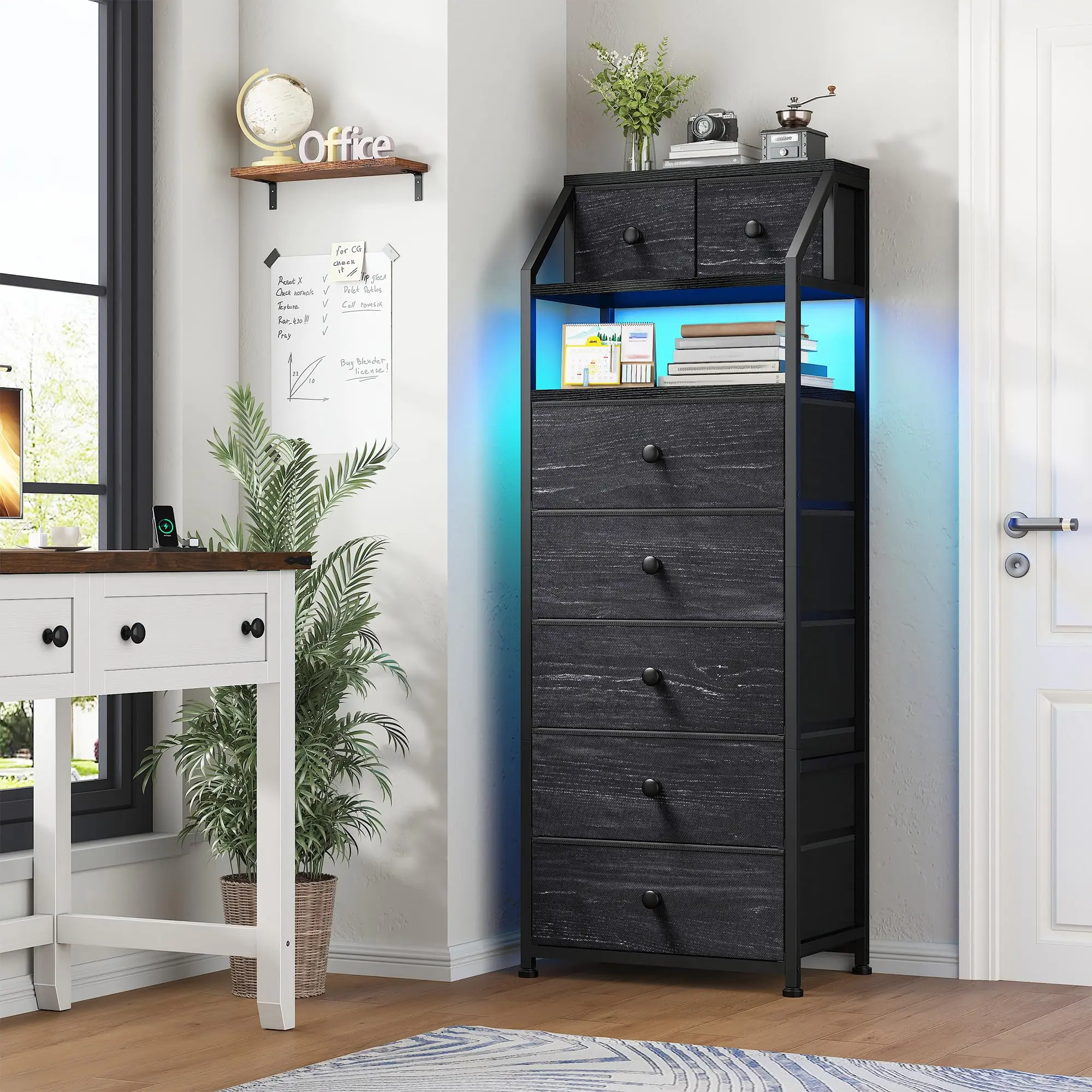 【Ayuda en línea 24 horas】Cómoda LED de 10 cajones con bolsillos laterales y ganchos, mueble de almacenamiento moderno con cubierta de madera, cajones de tela con estructura de metal, organizador compacto para apartamentos pequeños, dormitorios, dormitorio