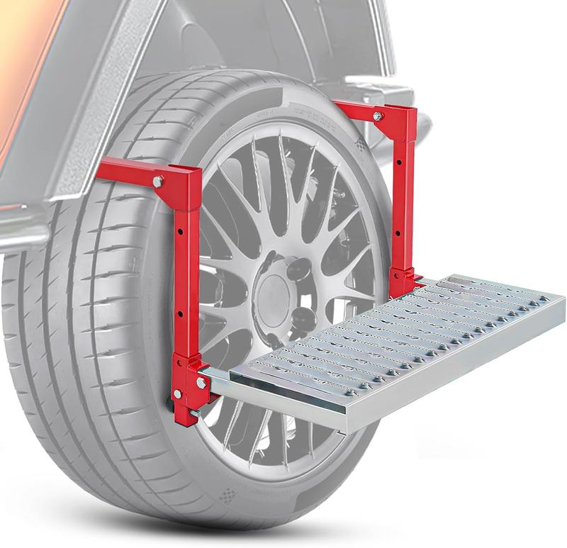 Escalón plegable resistente para neumáticos de camiones, SUV y autocaravanas, superficie de acero antideslizante, ajustable para neumáticos de 10 a 15 pulgadas, soporta hasta 350 libras, fácil de instalar y ajustar, color rojo.