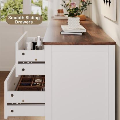 Cómoda de estilo rústico con 7 cajones, color blanco, con tiradores metálicos, 119 cm de ancho. Mueble organizador de madera para dormitorio infantil, pasillo, sala de estar o apartamento de chica. Ahorra espacio.