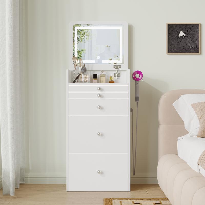 Tocador pequeño 3 en 1 con espejo con iluminación LED y taburete acolchado, mesita de noche, tocador pequeño para niñas.