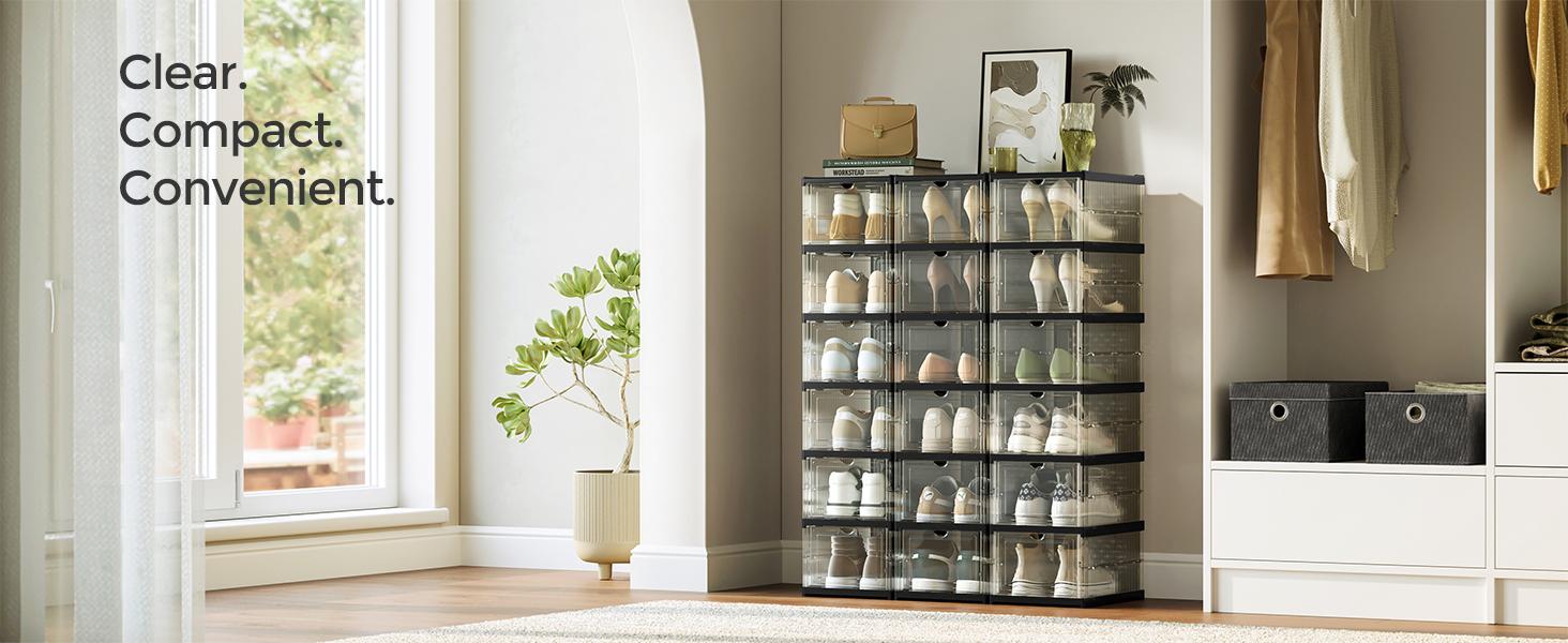 SONGMICS HOME Collapsible Shoe Boxes - Foldable Stackable Portable Organizer for US Size 13 Transparent PP Plastic Racks SONGMICS HOME Collapsible Shoe Boxes - Foldable Stackable Portable Organizer for US Size 13 Transparent PP Plastic Racks