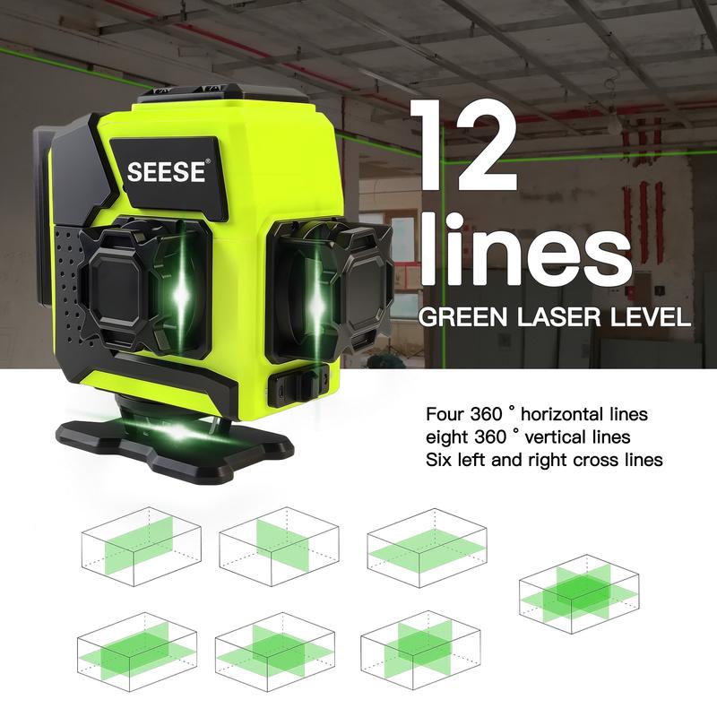 SEESE 12-Line Green Laser Level 3x360° Self-Leveling Remote Control Dual Batteries Full Accessories for Tile Cabinet Home Improvement SEESE 12-Line Green Laser Level 3x360° Self-Leveling Remote Control Dual Batteries Full Accessories for Tile Cabinet Home Improvement