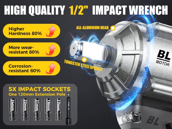 SOARFLY 1200NM (900FT-LBS) Cordless lmpact Wrench, For Automobiles, Trucks, 2x 4.0Ah Batteries, Fast Charger, 3000RPM, 5 Sockets & 1 Extension Bar High Torque Impact Power Tool Compatible