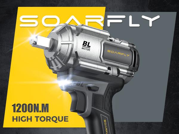 SOARFLY 1200NM (900FT-LBS) Cordless lmpact Wrench, For Automobiles, Trucks, 2x 4.0Ah Batteries, Fast Charger, 3000RPM, 5 Sockets & 1 Extension Bar High Torque Impact Power Tool Compatible