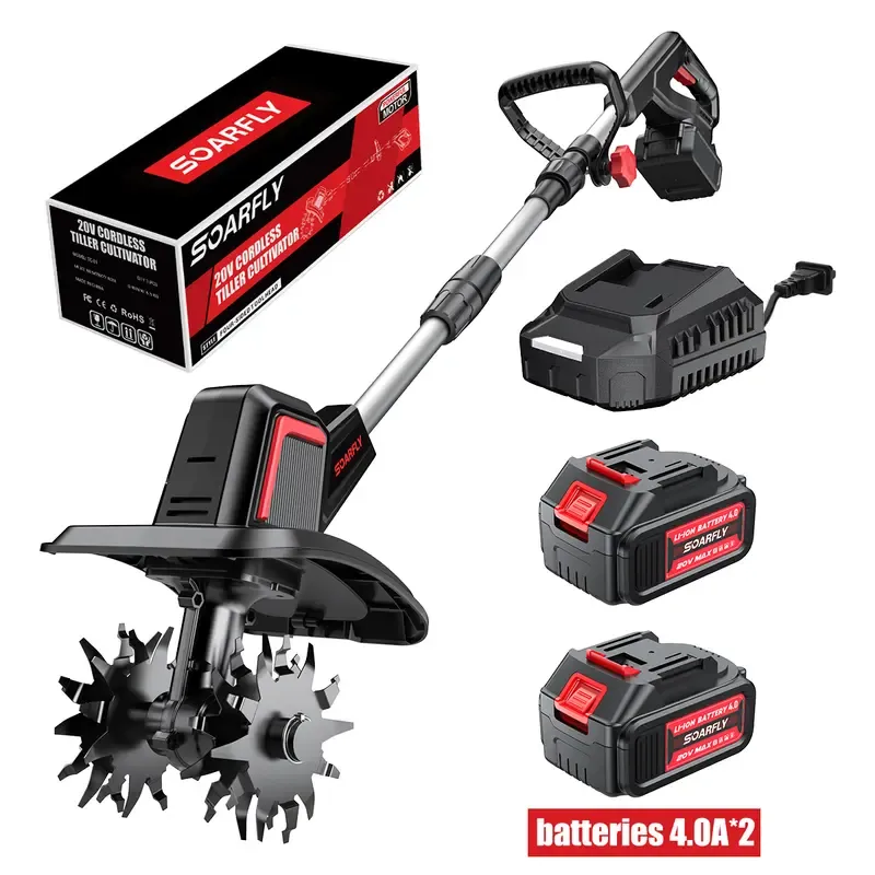 SOARFLY Cultivador y Motoazada Inalámbrica de 20 V, 360 RPM, Incluye 2 Baterías de 4.0 Ah y Cargador; 9 Pulgadas de Ancho, 6.6 Pulgadas de Profundidad, 48 Dientes de Acero — Ideal para Césped, Jardinería y Cultivo del Suelo