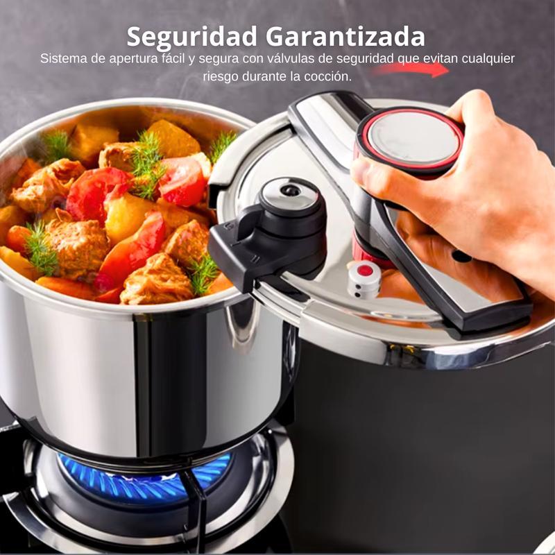 Olla a Presión de Acero Inoxidable con Cesta Vaporera y Tapa de Vidrio – Capacidades 6L, 8L y 10L – Compatible con Inducción, Eléctrica y Vitrocerámica y todo tipo de cocina – Segura, Eficiente y Fácil de Limpiar