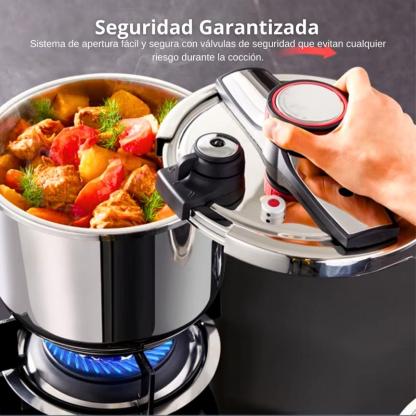 Olla a Presión de Acero Inoxidable con Cesta Vaporera y Tapa de Vidrio – Capacidades 6L, 8L y 10L – Compatible con Inducción, Eléctrica y Vitrocerámica y todo tipo de cocina – Segura, Eficiente y Fácil de Limpiar