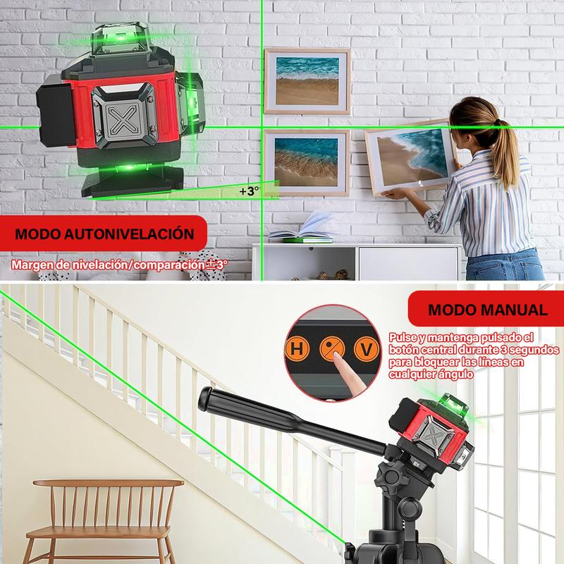 Nivel Láser Autonivelante 360° 16 Líneas Verde Con Trípode Nivel Láser 16 Líneas 4x360° Verde 2 Batería Recargable con Control Remoto