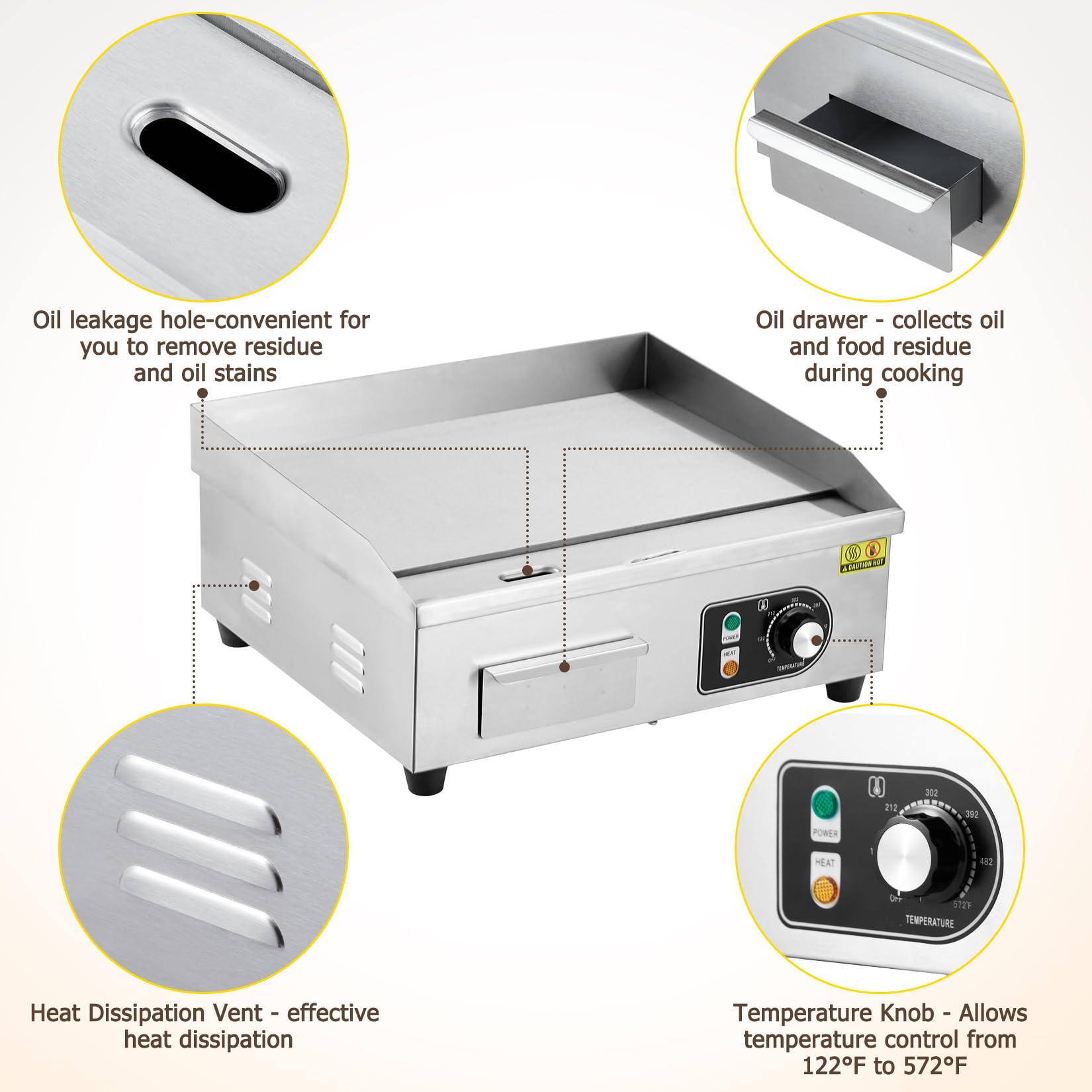 【GARVEE】Commercial Electric Grills in 14, 18, 22, and 30-inch Sizes with 1500W to 3000W Power, Non-Stick Stainless Steel Surface, and Adjustable Temperature Control from 122°F to 572°F for Home and Restaurant Use